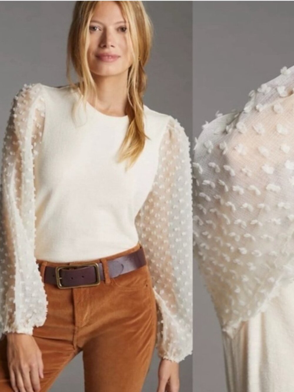 Anthropologie Maeve Textured Long Sleeve Top Cream Ivory Bubble Sleeves Size M